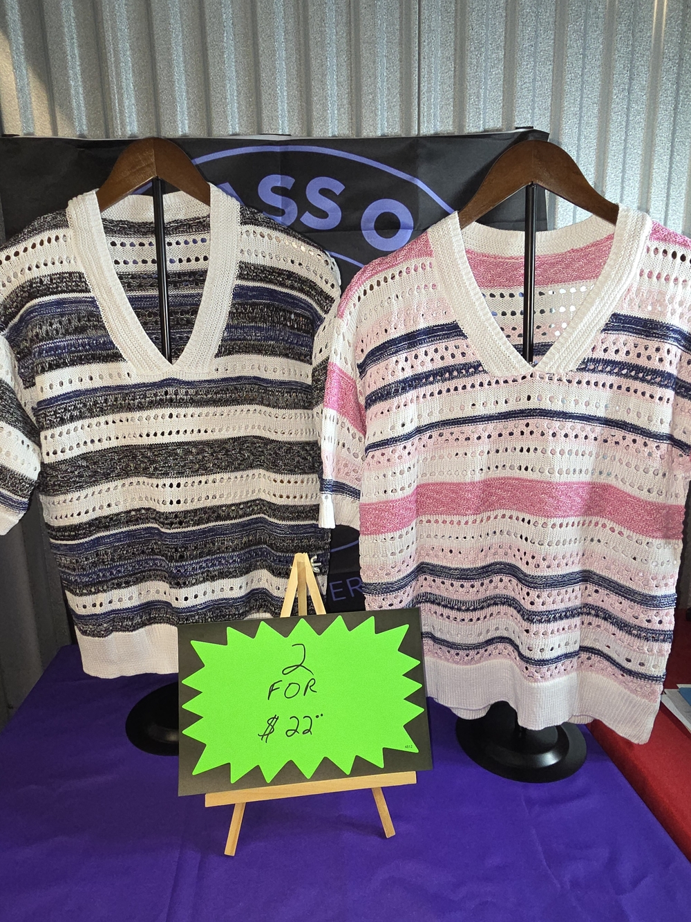 Set Of Two Acelit Women’s Striped V-Neck Sweater Top - Pink/White And Blue/White